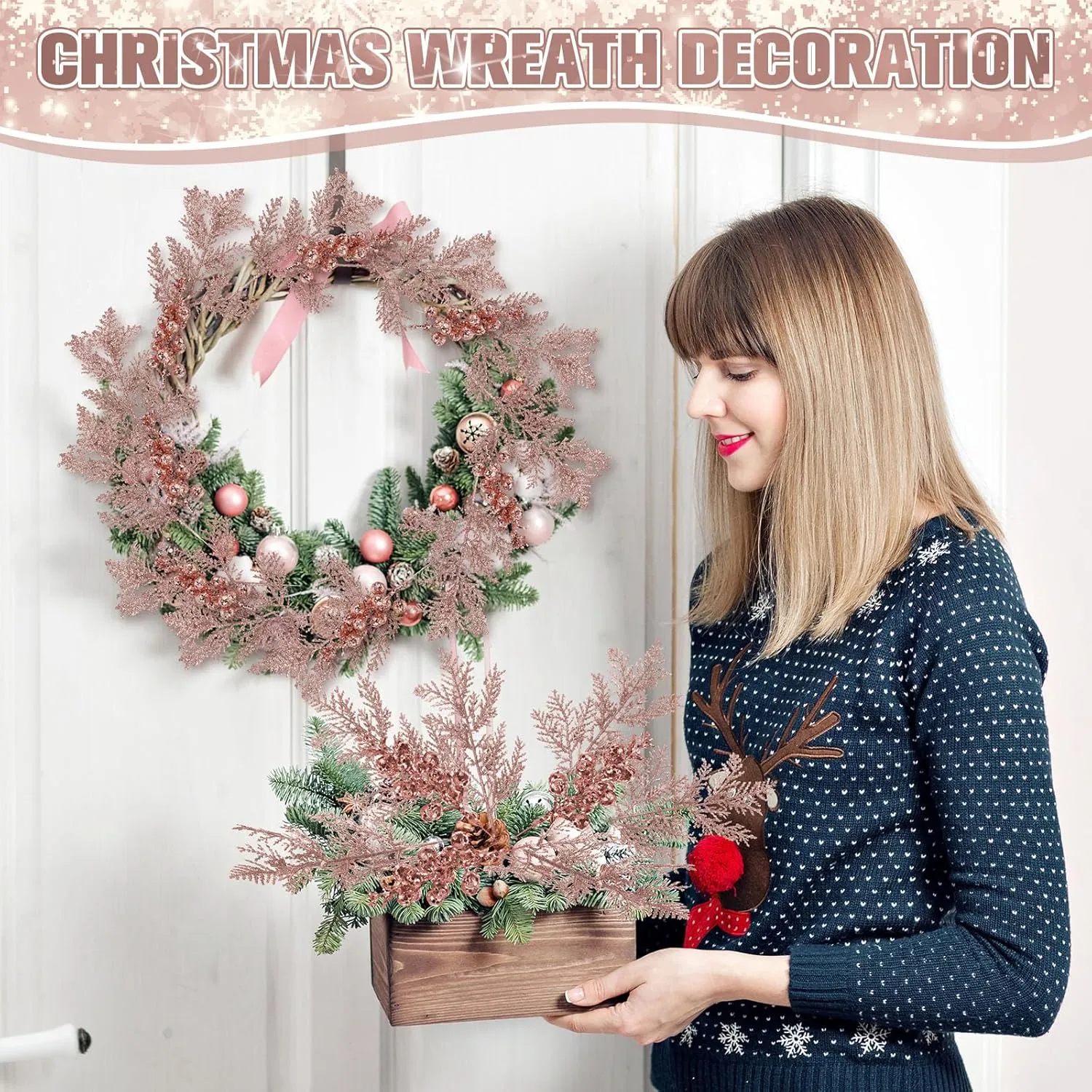 Cindeer 80 Pcs Rose Gold Christmas Glitter Berries Stems Pine Needles Christmas Artificial Picks Fake Floral Twig Spray for Xmas Tree Ornaments DIY Wreath Garland Decorations