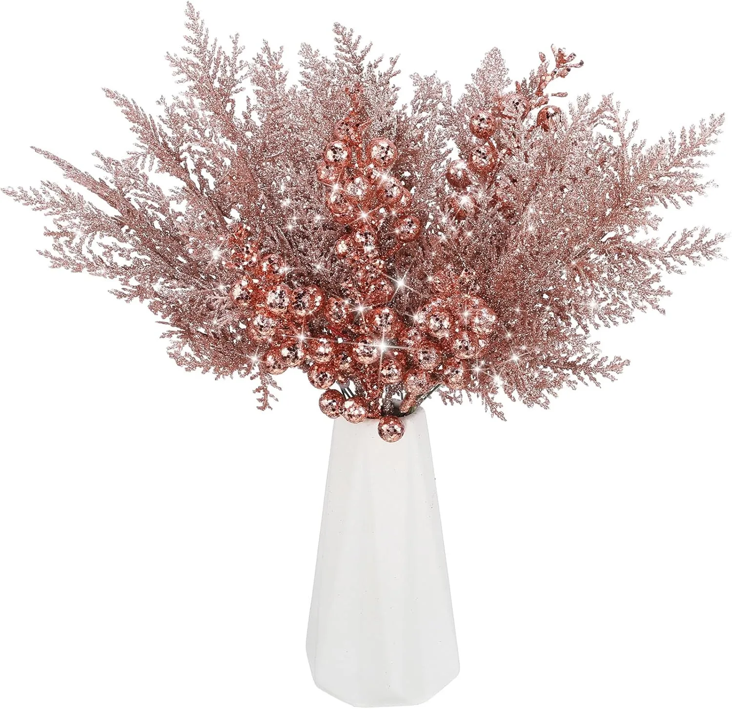 Cindeer 80 Pcs Rose Gold Christmas Glitter Berries Stems Pine Needles Christmas Artificial Picks Fake Floral Twig Spray for Xmas Tree Ornaments DIY Wreath Garland Decorations