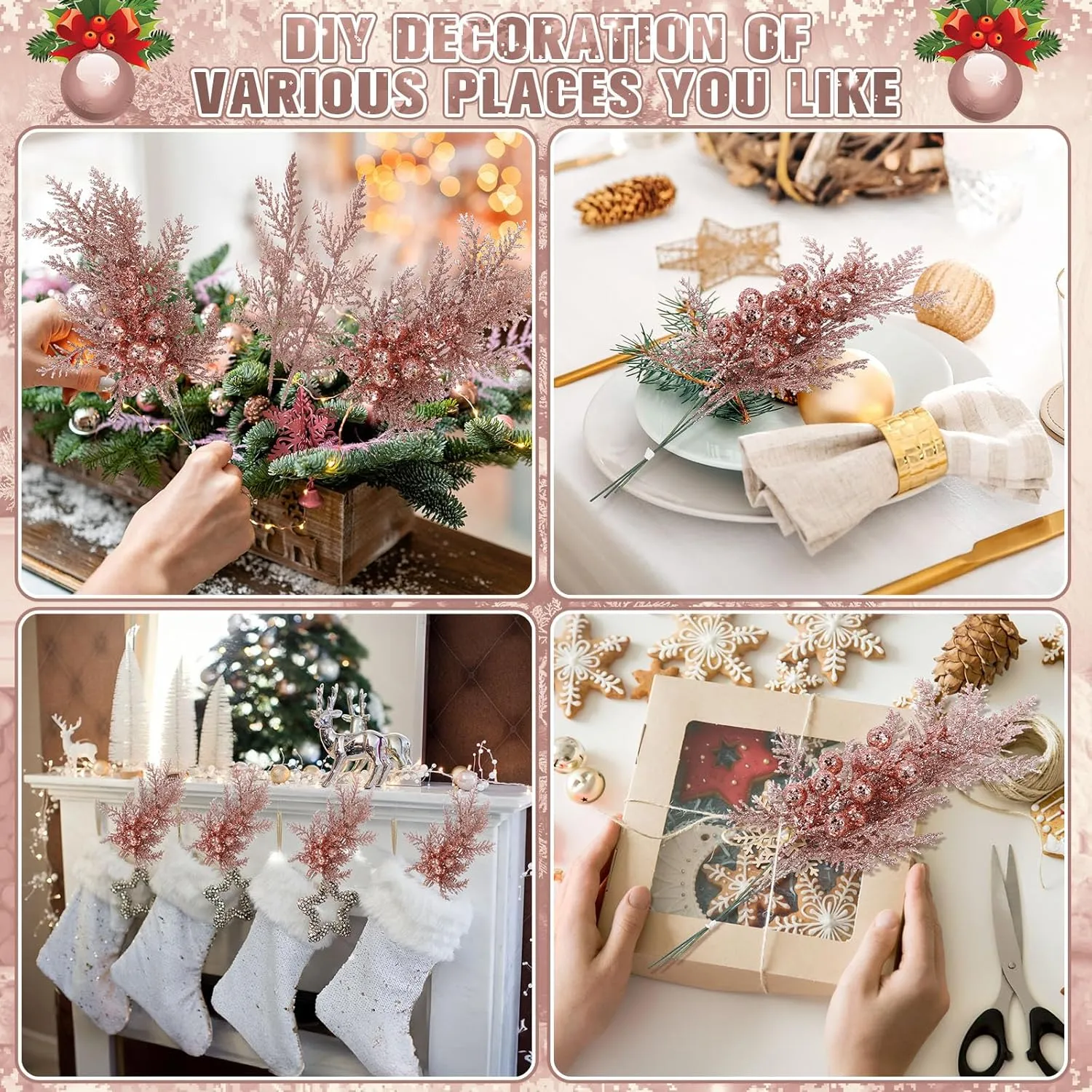 Cindeer 80 Pcs Rose Gold Christmas Glitter Berries Stems Pine Needles Christmas Artificial Picks Fake Floral Twig Spray for Xmas Tree Ornaments DIY Wreath Garland Decorations