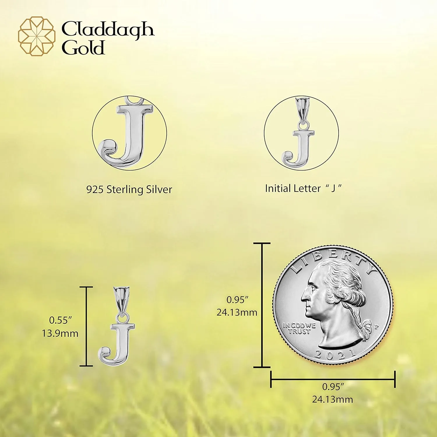 Claddagh Gold .925 Sterling Silver Initial Pendant Charm – Personalized Alphabet Letter Jewelry in 0.80mm or 0.55mm Block Font