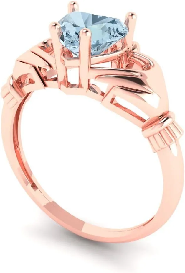 Clara Pucci 1.5ct Heart Cut Irish Celtic Claddagh Solitaire Natural Aquamarine Engagement Promise Anniversary Bridal Ring 18K Rose Gold