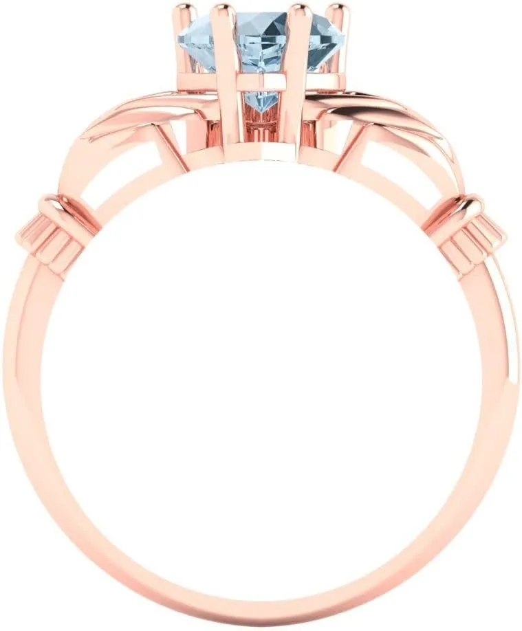 Clara Pucci 1.5ct Heart Cut Irish Celtic Claddagh Solitaire Natural Aquamarine Engagement Promise Anniversary Bridal Ring 18K Rose Gold
