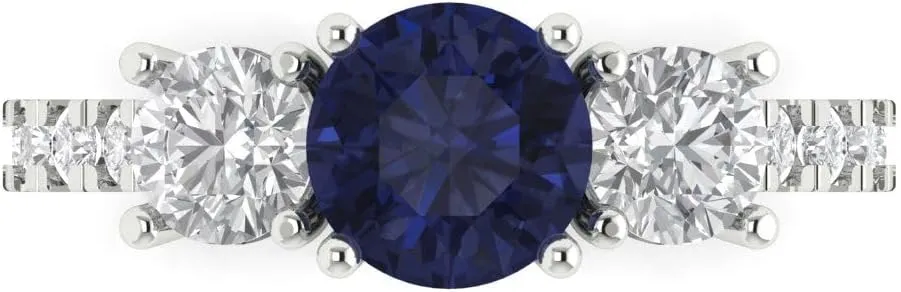 Clara Pucci 2 ct Round Cut Solitaire 3 stone Genuine Simulated Blue Sapphire Engagement Promise Anniversary Bridal Ring 18K White Gold