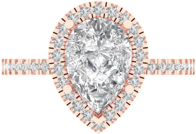 Clara Pucci 2.38 CTW VVS1 Moissanite Pear Cut with Simulated Diamond Halo Accents Ring – Anniversary Gift for Women in Solid 18K Rose Gold