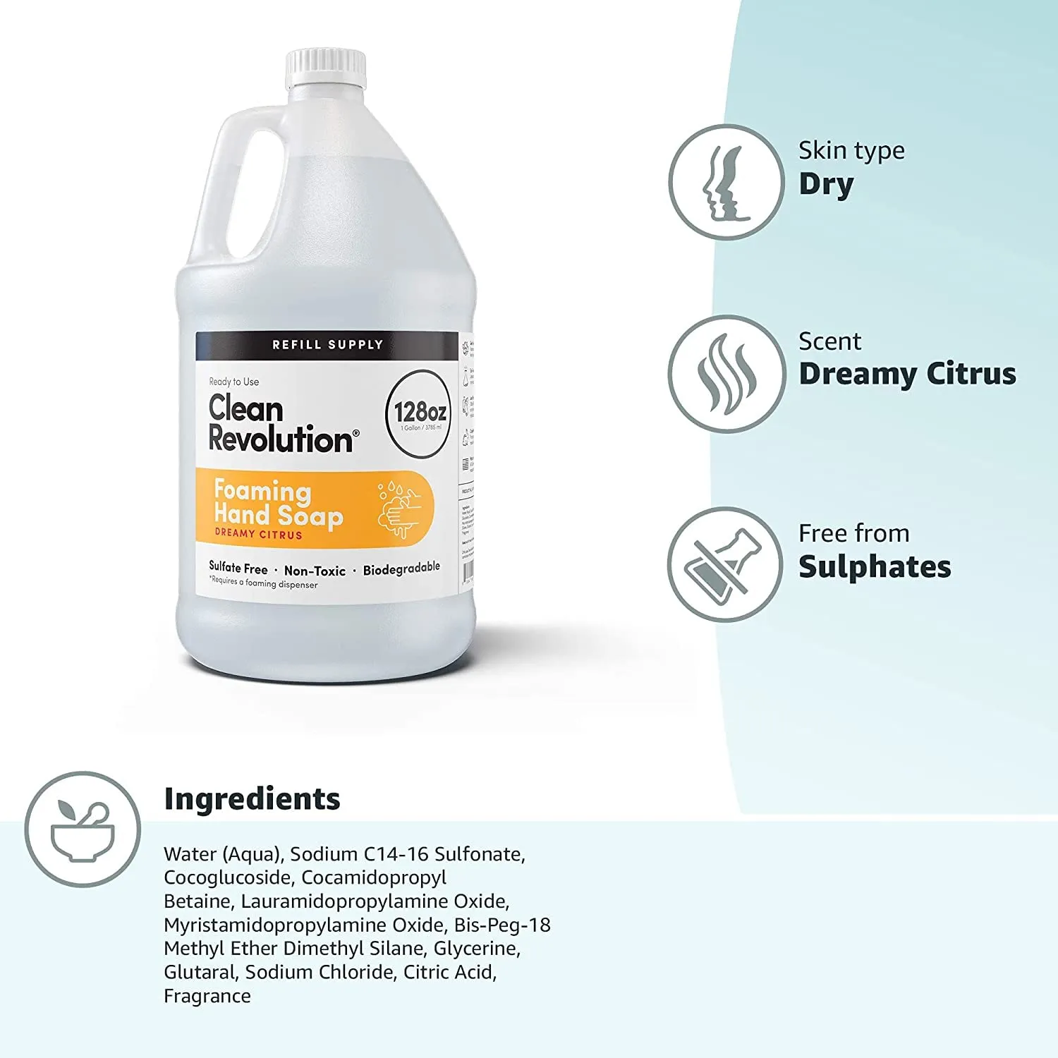 Clean Revolution Foaming Hand Soap Refill Supply Container, Ready to Use Formula, Gluten Free, Dreamy Citrus Fragrance, 128 Fl. Oz, 4 Pack