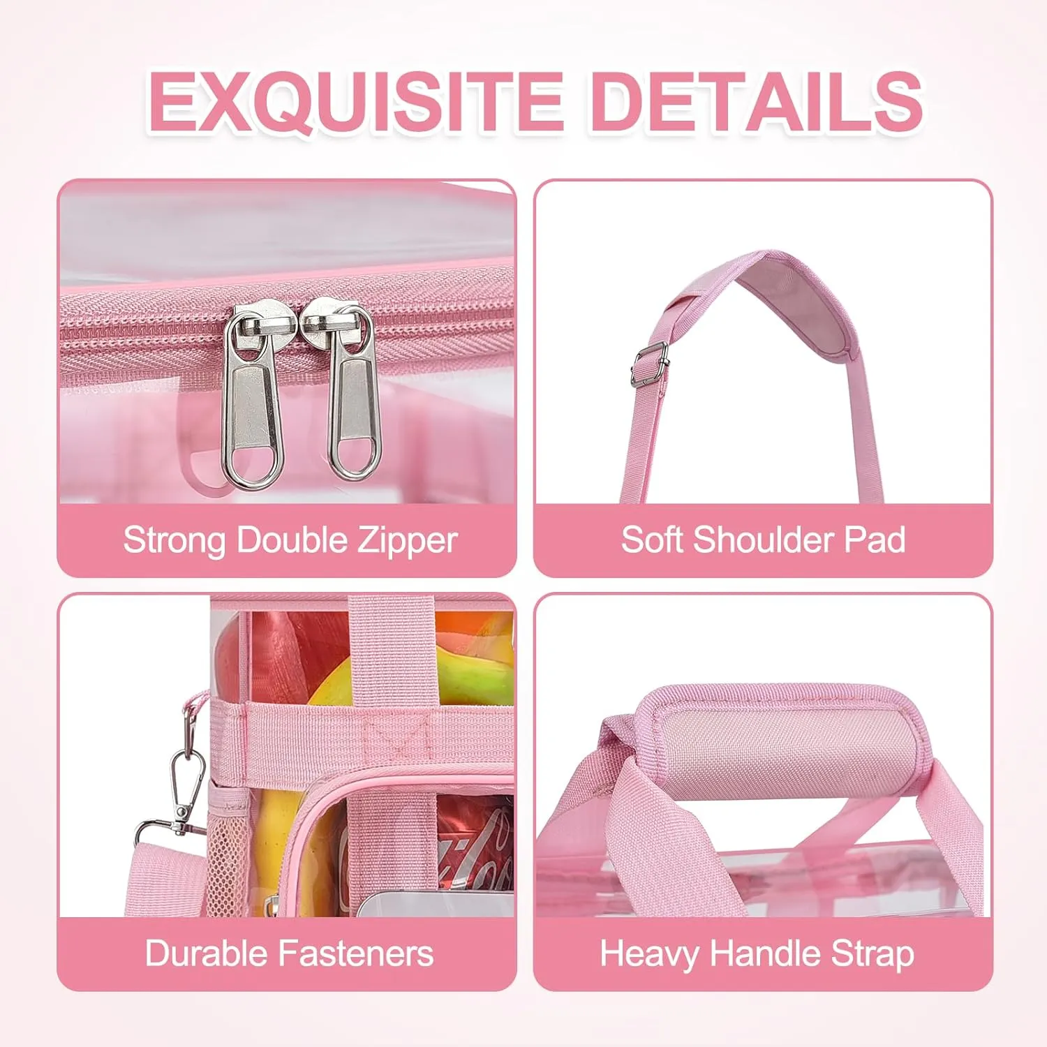 Clear Lunch Bag 10-Can with Adjustable Shoulder Strap for Women/Men, Reusable Lunch Box, Tote Bag Stadium Approved for Work, School, Picnic, Security Check (Pink)