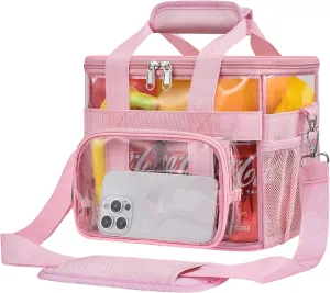 Clear Lunch Bag 10-Can with Adjustable Shoulder Strap for Women/Men, Reusable Lunch Box, Tote Bag Stadium Approved for Work, School, Picnic, Security Check (Pink)
