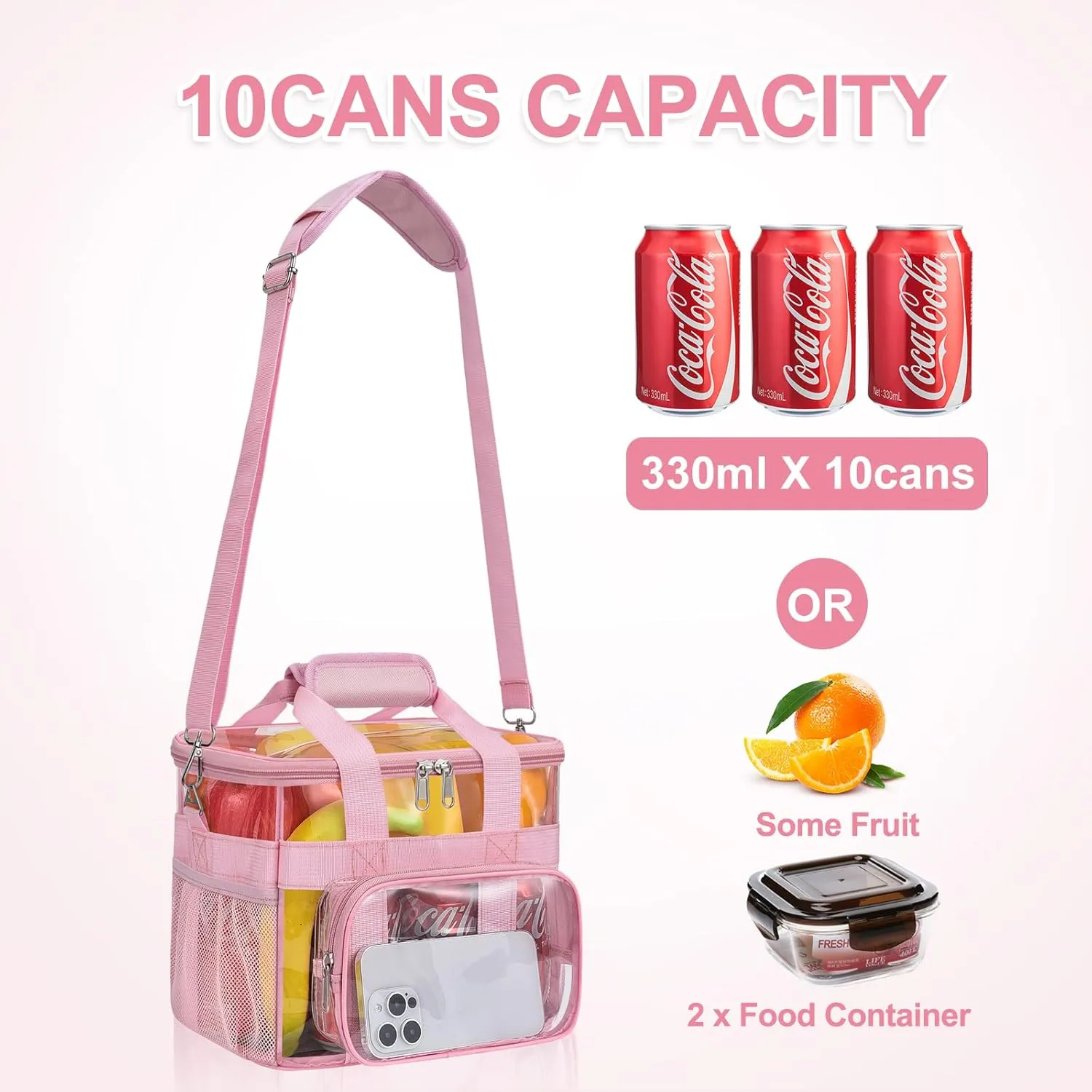 Clear Lunch Bag 10-Can with Adjustable Shoulder Strap for Women/Men, Reusable Lunch Box, Tote Bag Stadium Approved for Work, School, Picnic, Security Check (Pink)