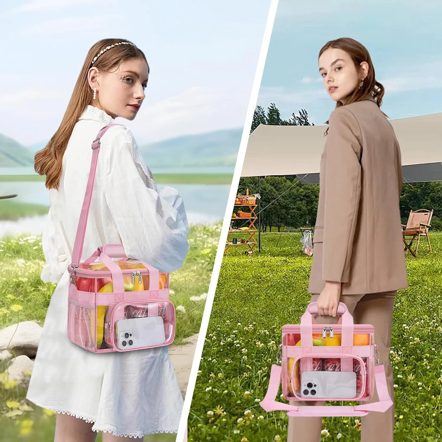 Clear Lunch Bag 10-Can with Adjustable Shoulder Strap for Women/Men, Reusable Lunch Box, Tote Bag Stadium Approved for Work, School, Picnic, Security Check (Pink)