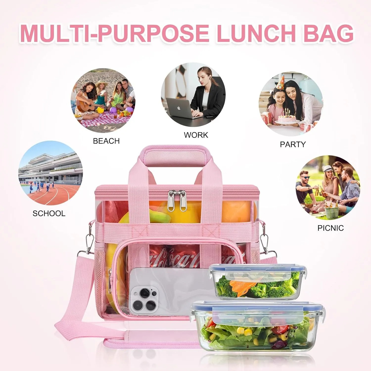 Clear Lunch Bag 10-Can with Adjustable Shoulder Strap for Women/Men, Reusable Lunch Box, Tote Bag Stadium Approved for Work, School, Picnic, Security Check (Pink)