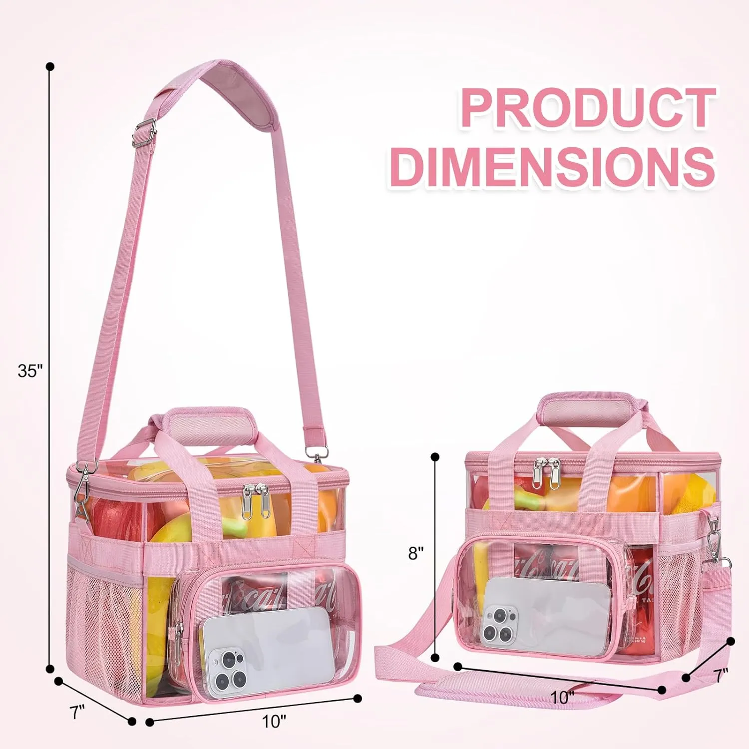 Clear Lunch Bag 10-Can with Adjustable Shoulder Strap for Women/Men, Reusable Lunch Box, Tote Bag Stadium Approved for Work, School, Picnic, Security Check (Pink)