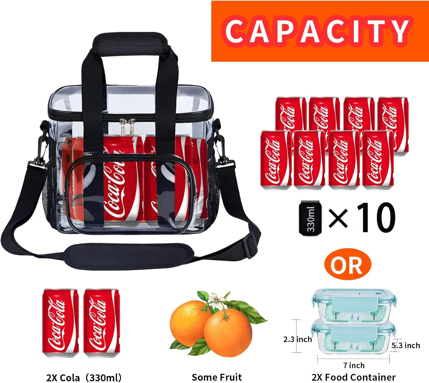 Clear Lunch Bag 10-Can with Adjustment Shouder Strap for Women/Men, Reusable Clear Lunch Box/Clear Tote Bag Stadium Approved for Work,School,Picnic,Security Check(Medium)