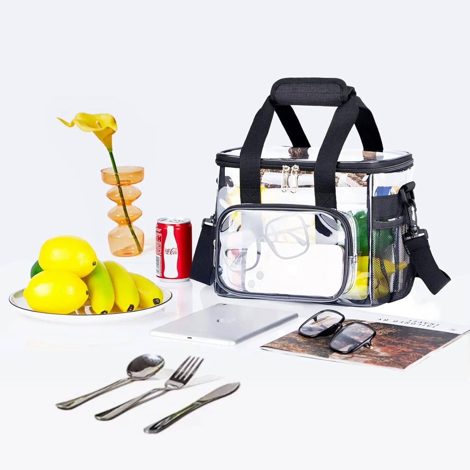 Clear Lunch Bag 10-Can with Adjustment Shouder Strap for Women/Men, Reusable Clear Lunch Box/Clear Tote Bag Stadium Approved for Work,School,Picnic,Security Check(Medium)