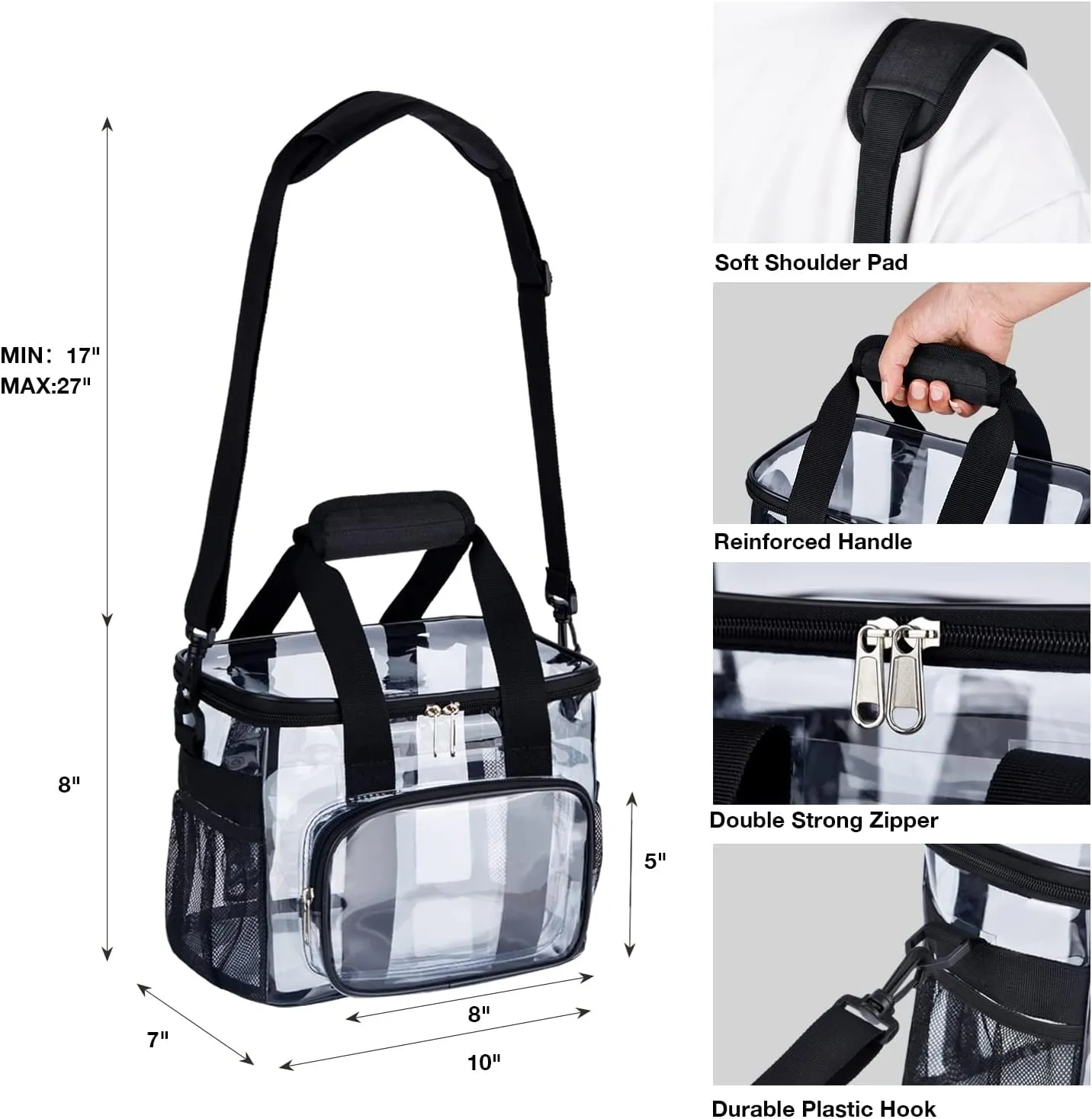 Clear Lunch Bag 10-Can with Adjustment Shouder Strap for Women/Men, Reusable Clear Lunch Box/Clear Tote Bag Stadium Approved for Work,School,Picnic,Security Check(Medium)