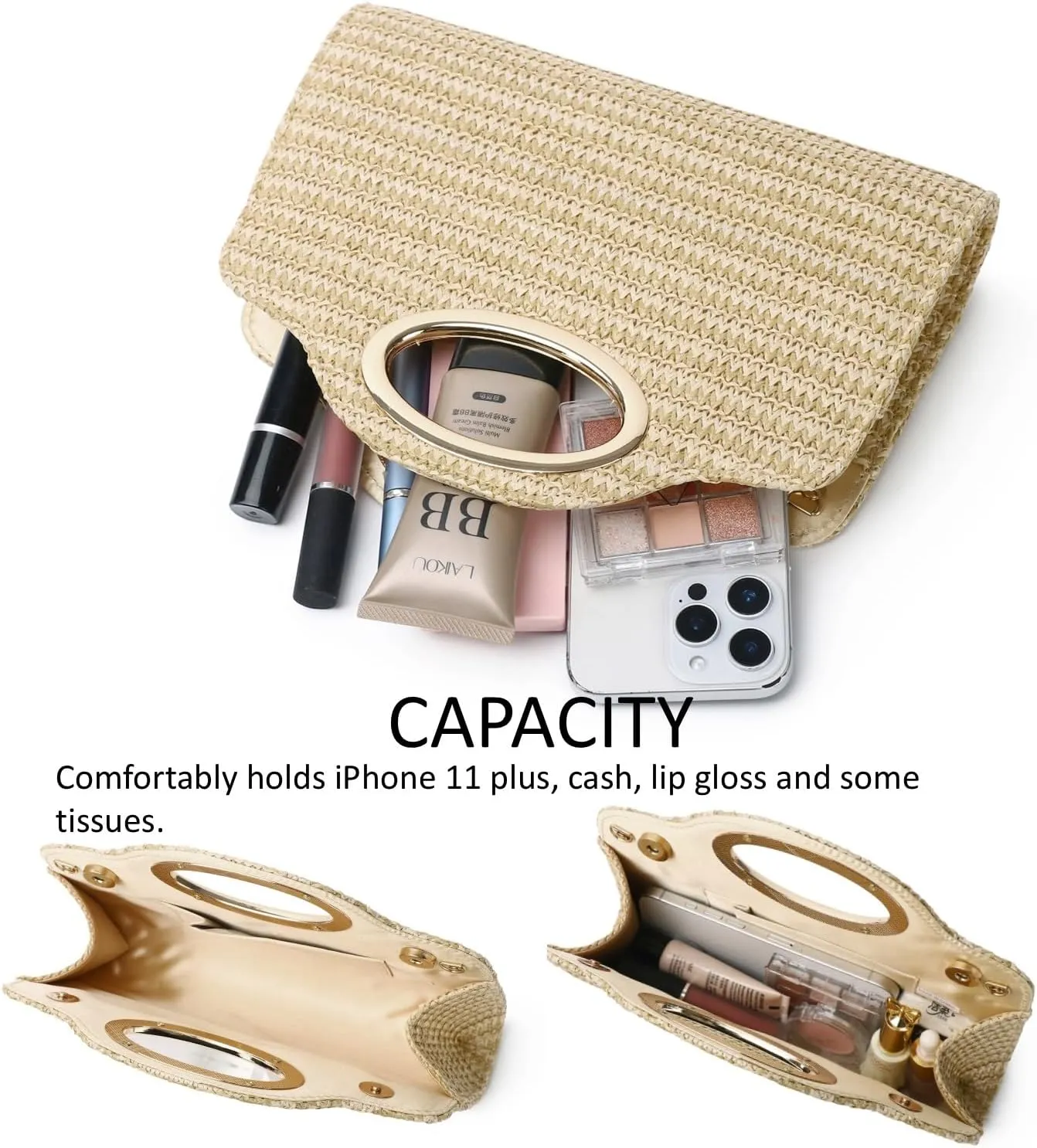 Clutch Purses for Women Cut Out Handle Clutch PU Leather/Straw Evening Bag for Wedding Party and Prom