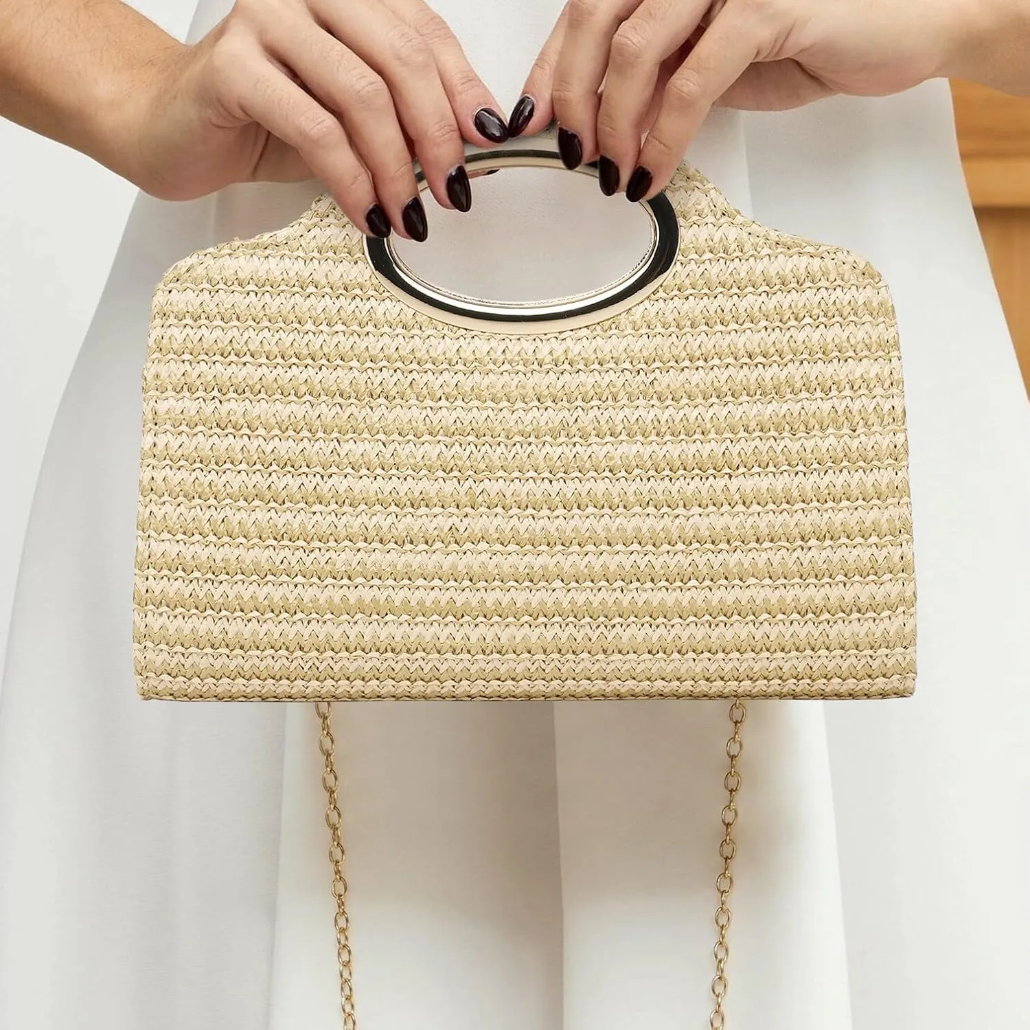 Clutch Purses for Women Cut Out Handle Clutch PU Leather/Straw Evening Bag for Wedding Party and Prom
