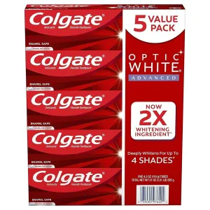 Colgate Optic White Advanced Teeth Whitening Toothpaste, Sparkling White (4.2 Oz., 5 Pk.), 21 Oz