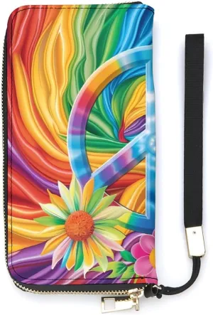 Colorful Peace Sign Tie Dye Women's Wristlet Wallet Long Slim Purse Card Holder Clutch Handbag