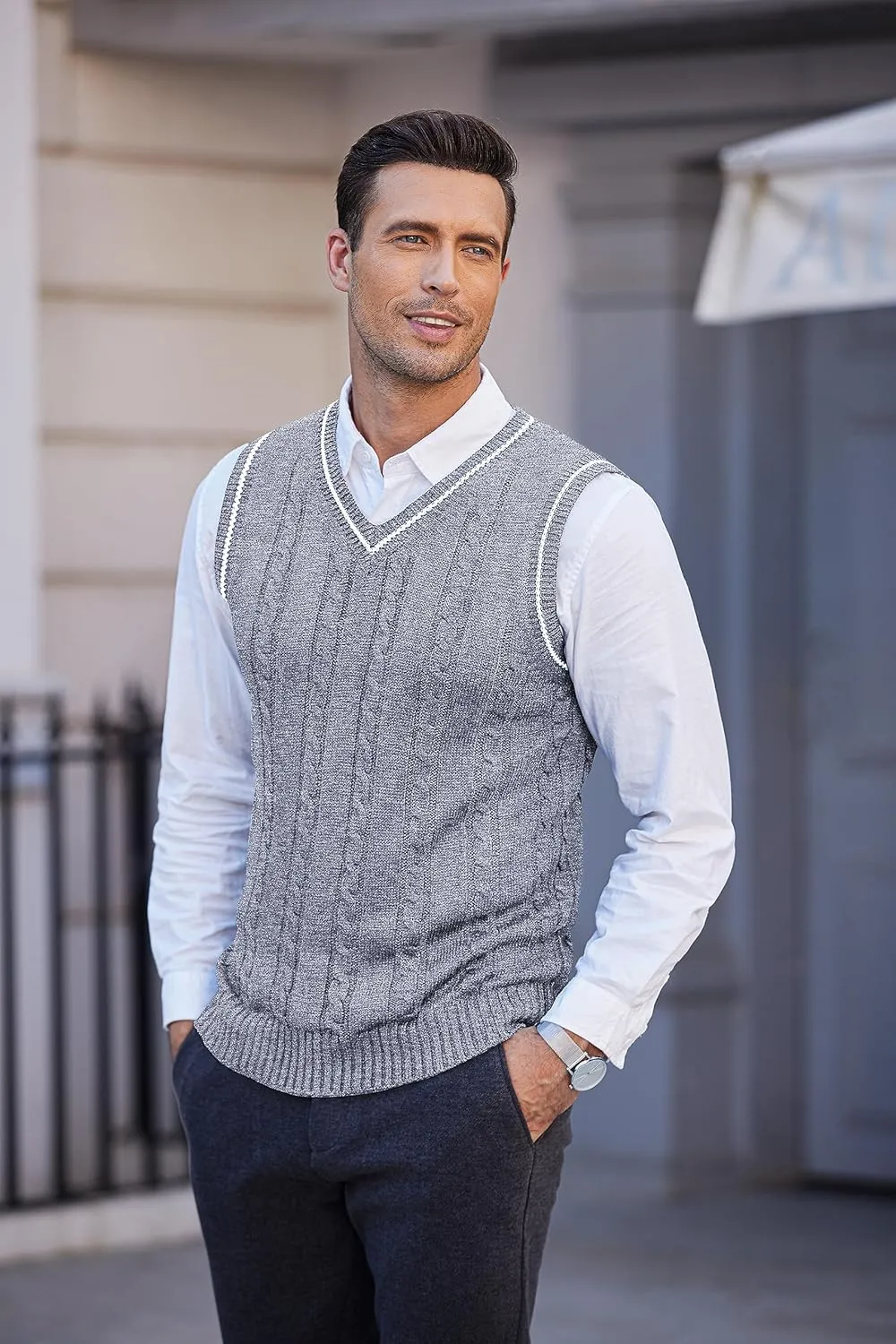 COOFANDY Men's Sweater Vest V Neck Slim Fit Casual Sleeveless Twisted Knitted Pullover Sweater