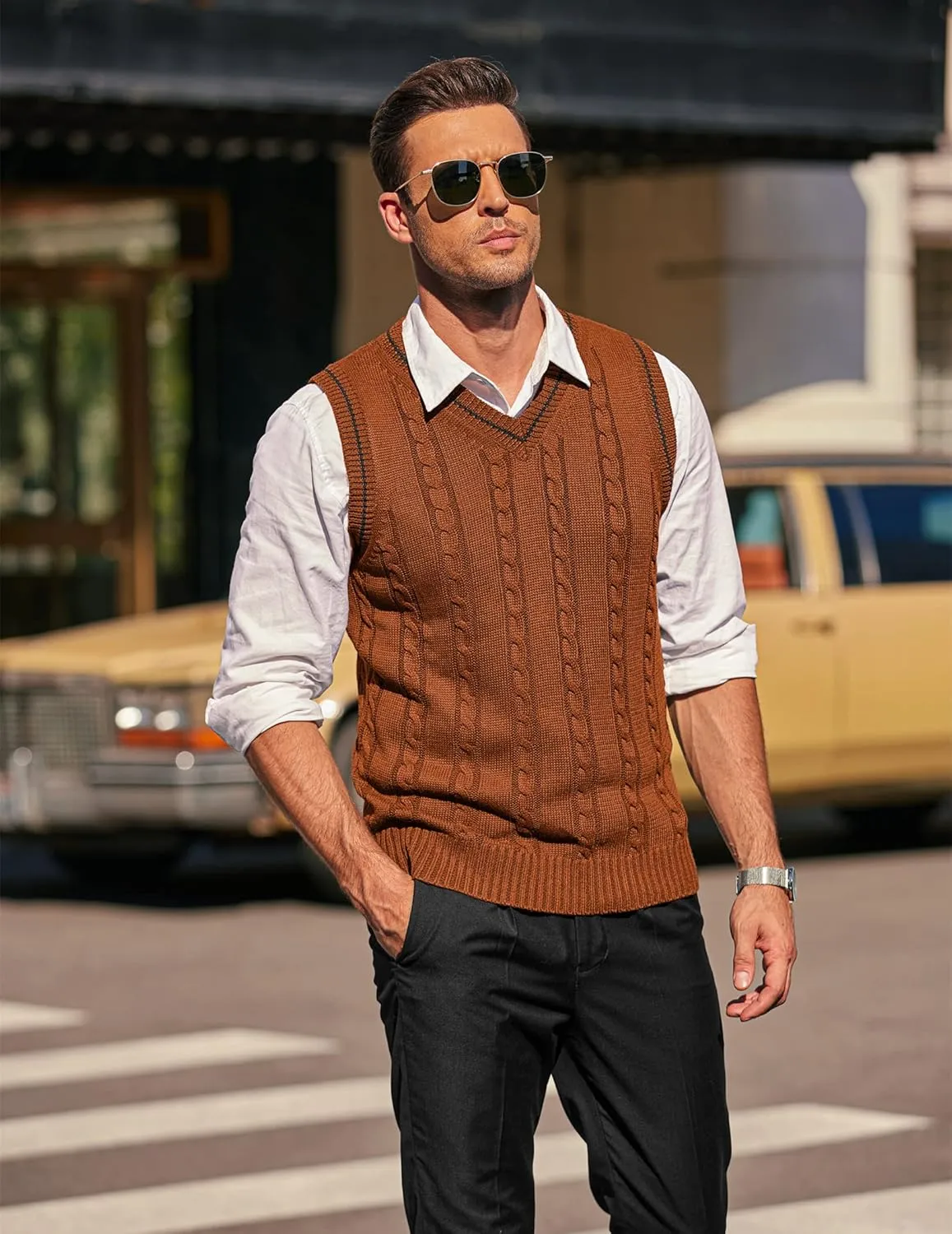 COOFANDY Men's Sweater Vest V Neck Slim Fit Casual Sleeveless Twisted Knitted Pullover Sweater