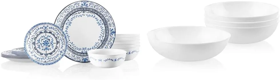 Corelle Portofino Round Dinnerware Set for 6 | Service for 6, 18 Piece Set | Triple Layer Strong Glass is Resistant to Chips and Cracks & White Meal Bowls for Pasta, Salad, and More | 4 Pack, 46 Oz