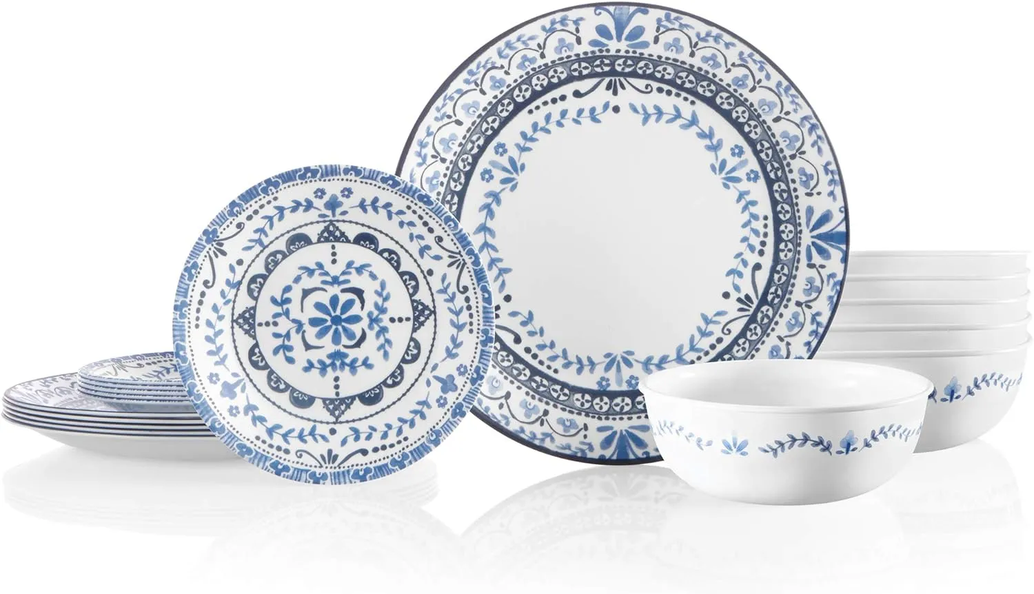 Corelle Portofino Round Dinnerware Set for 6 | Service for 6, 18 Piece Set | Triple Layer Strong Glass is Resistant to Chips and Cracks & White Meal Bowls for Pasta, Salad, and More | 4 Pack, 46 Oz