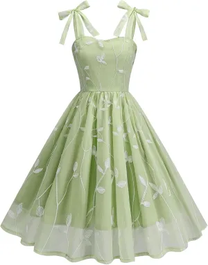 CORIRESHA Women's Vintage 1950s Leaves Embroidered Tie Shoulder Hepburn Style Tea Party Swing Dress