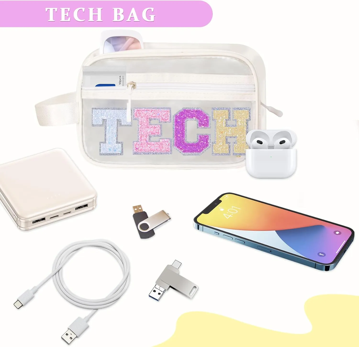 COSHAYSOO Clear Electronic Accessories Storage Bag Preppy Letter Patch Travel Pouch for Women Teens Girls, Cable Cord Charger Phone Earphone Organizer Trendy Traveling Must Have Essentials (TECH)