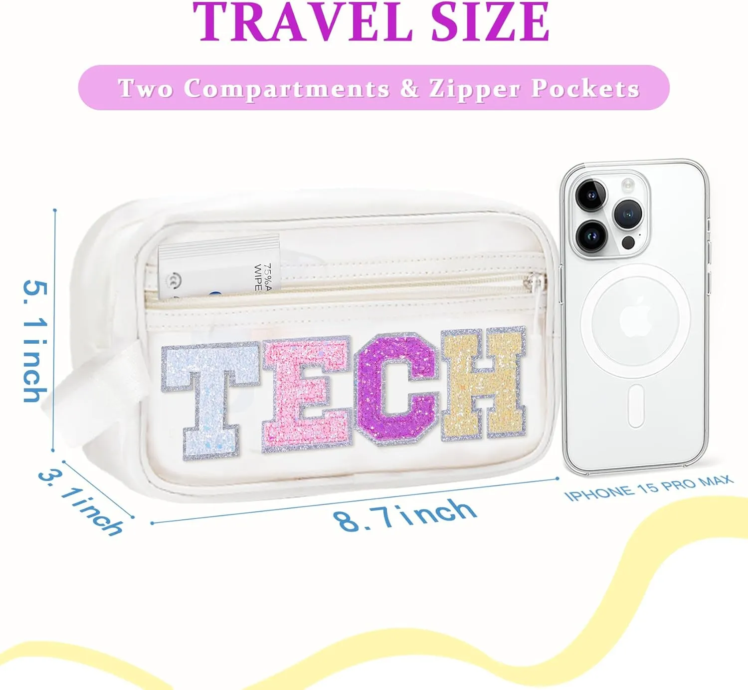 COSHAYSOO Clear Electronic Accessories Storage Bag Preppy Letter Patch Travel Pouch for Women Teens Girls, Cable Cord Charger Phone Earphone Organizer Trendy Traveling Must Have Essentials (TECH)