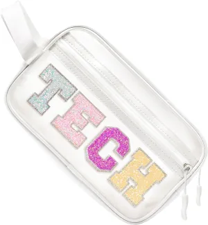 COSHAYSOO Clear Electronic Accessories Storage Bag Preppy Letter Patch Travel Pouch for Women Teens Girls, Cable Cord Charger Phone Earphone Organizer Trendy Traveling Must Have Essentials (TECH)