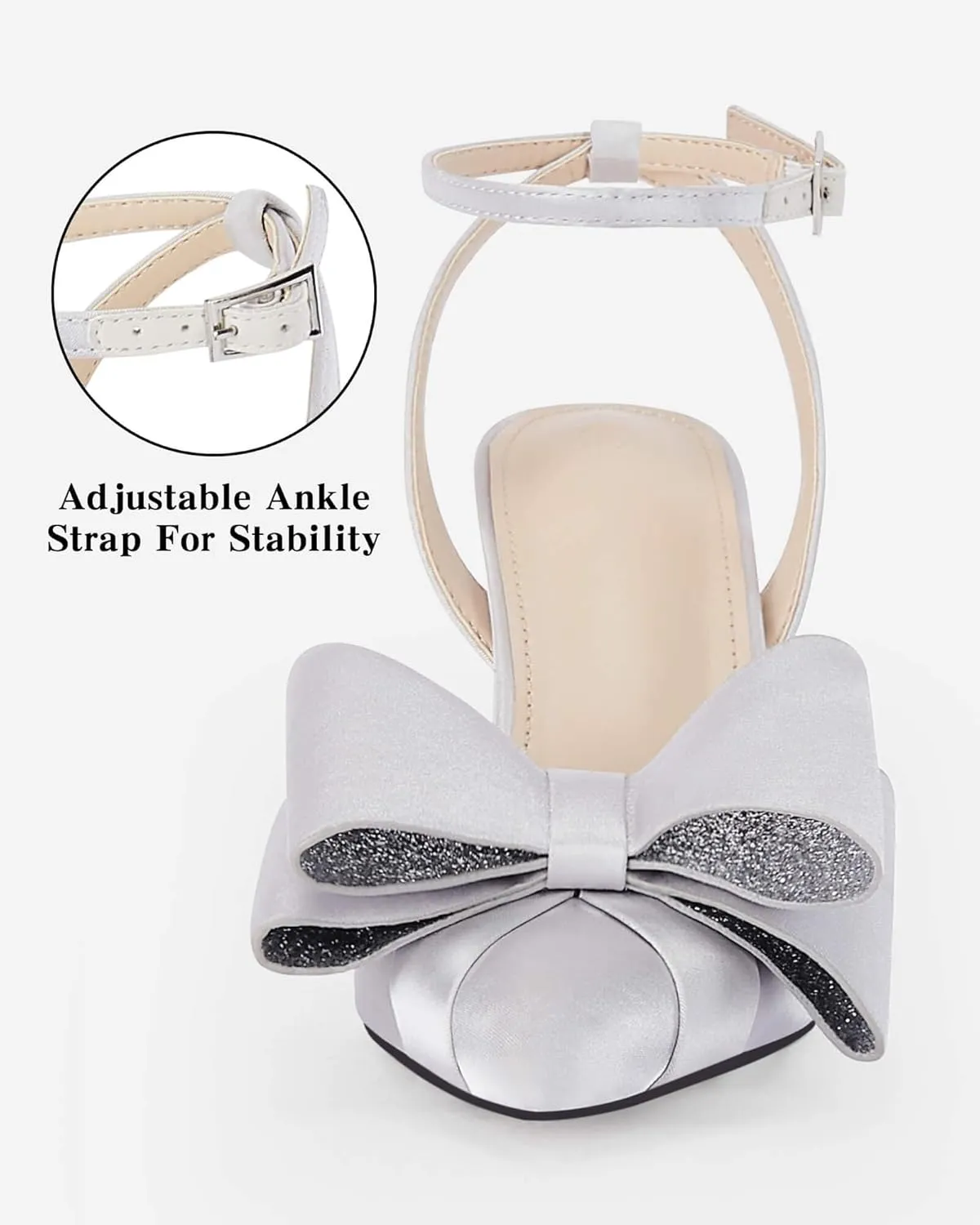 Coutgo Bow Black Heels for Women Rhinestone Closed Toe High Heel Strappy Dress Wedding Bridal Pumps Shoes