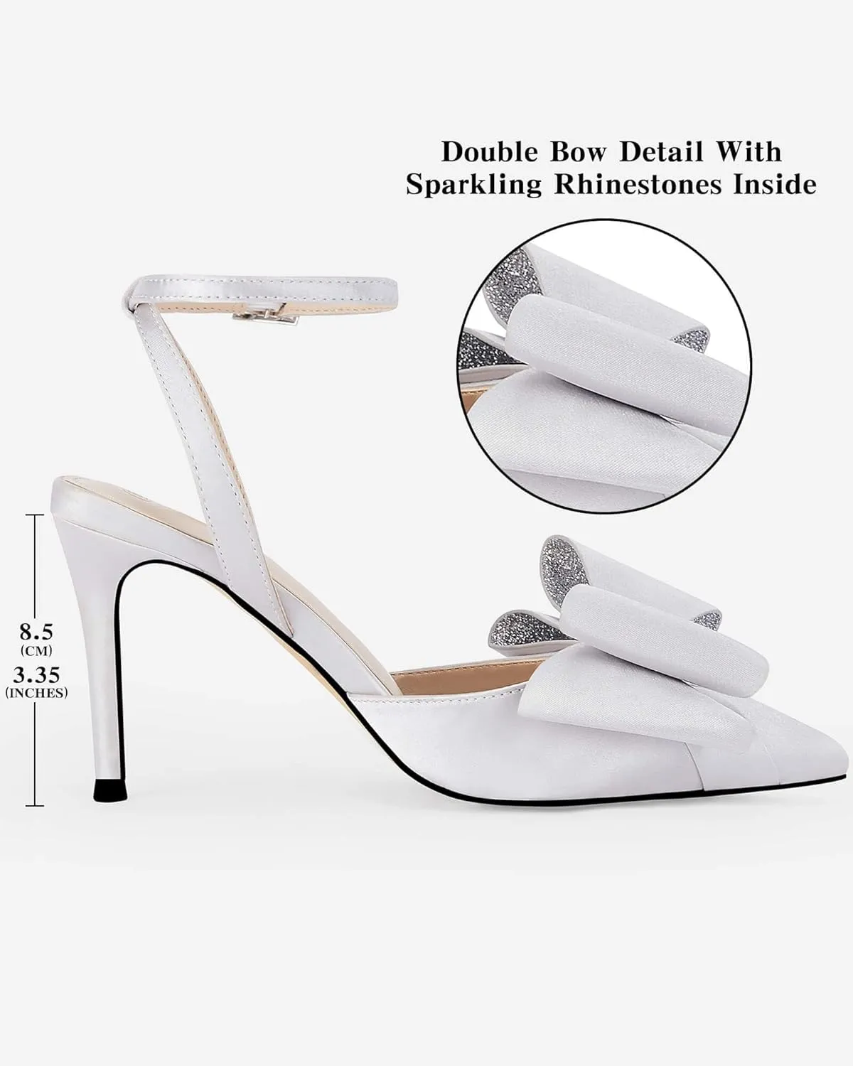 Coutgo Bow Black Heels for Women Rhinestone Closed Toe High Heel Strappy Dress Wedding Bridal Pumps Shoes