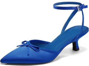 Coutgo Satin Kitten Low Heels with Bow Closed Pointed Toe Short Pumps Dress Wedding Party Shoes