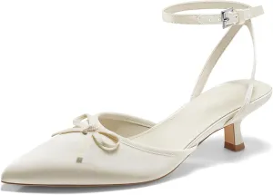 Coutgo Satin Kitten Low Heels with Bow Closed Pointed Toe Short Pumps Dress Wedding Party Shoes