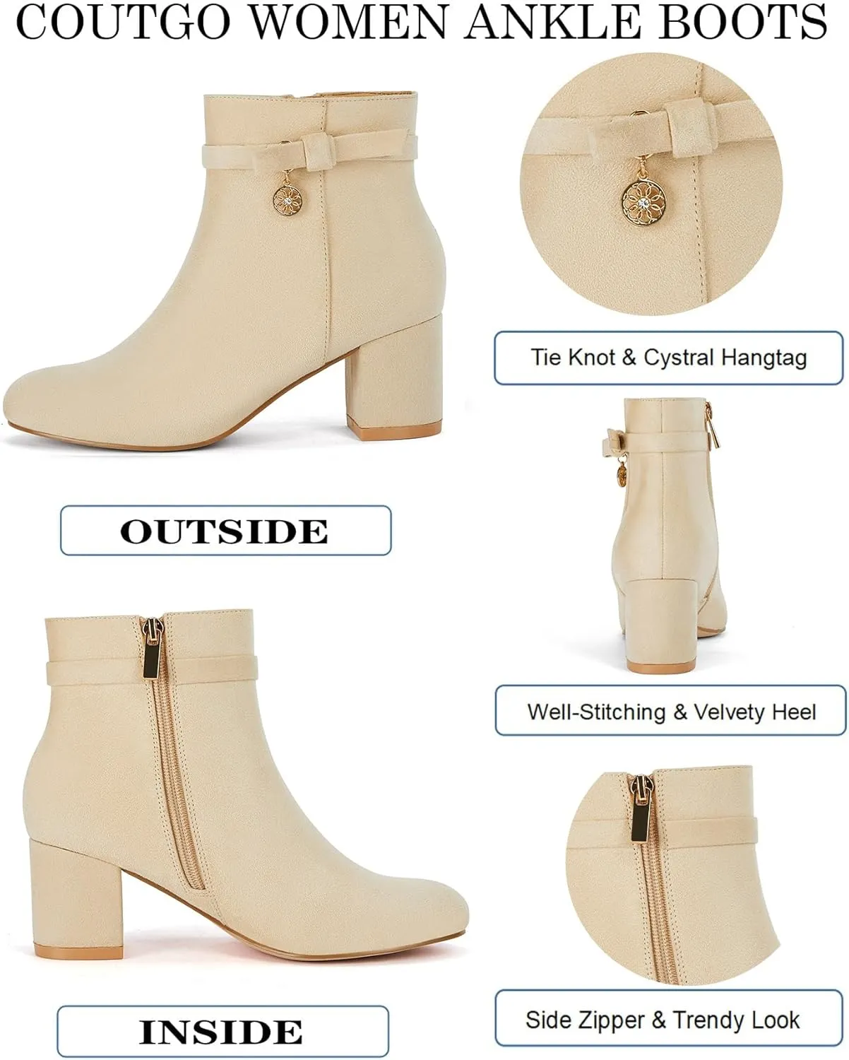 Coutgo Women's Ankle Boots Chunky Block Low Heel Vintage Tie Knot Booties Shoes with Side Zipper