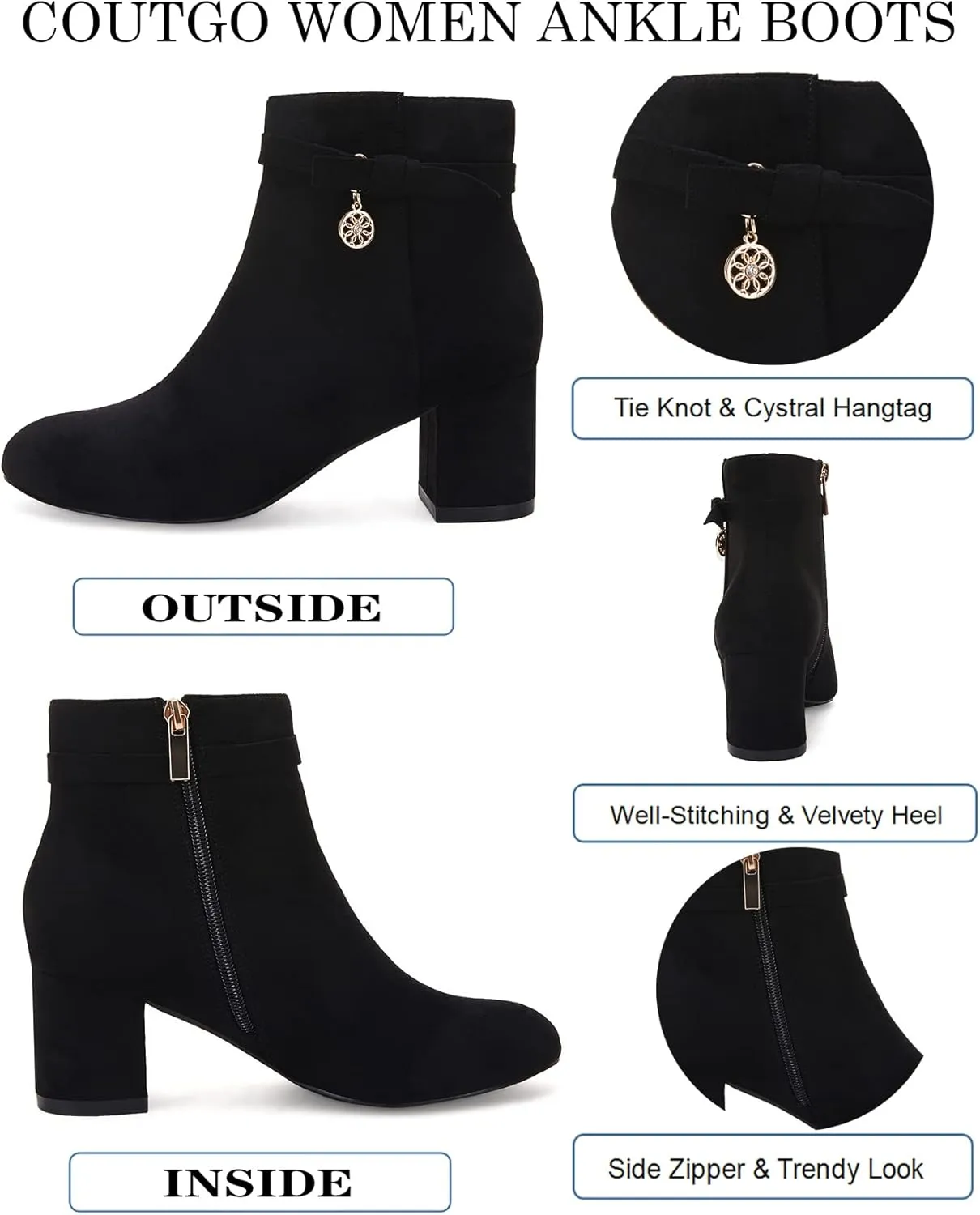Coutgo Women's Ankle Boots Chunky Block Low Heel Vintage Tie Knot Booties Shoes with Side Zipper