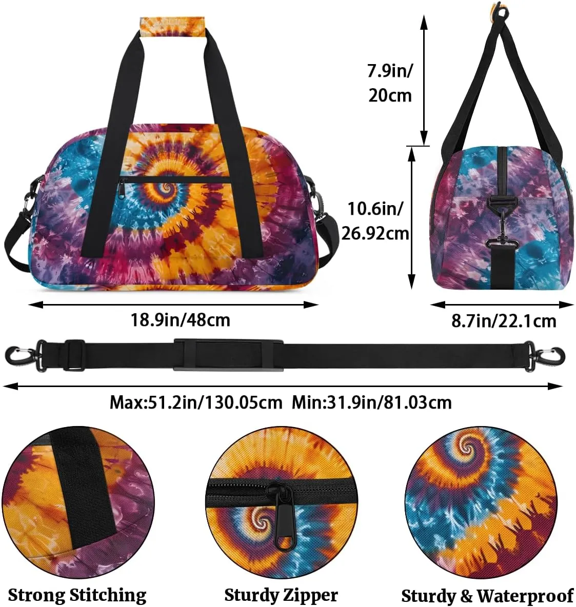 Create A Detailed Tie Dye Kids Overnighter Duffel Bags for Boys, Carry-On Size Sports Gym Bag with Front Zipper Pocket for School Practice or Overnight Travel Weekender Sleepover Tote Bag