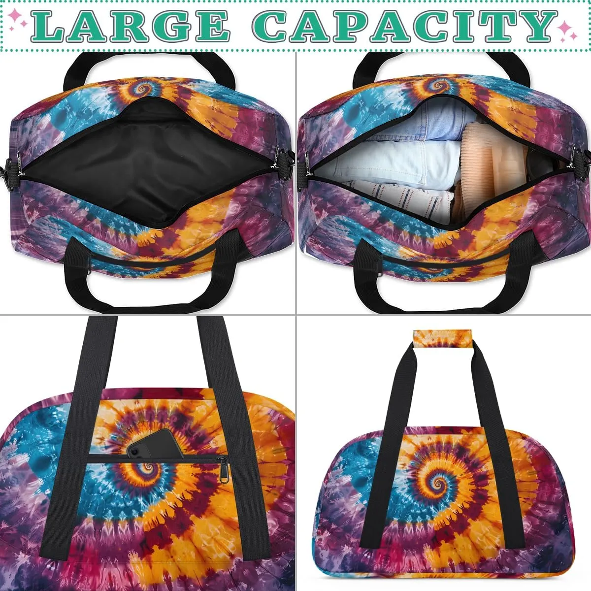 Create A Detailed Tie Dye Kids Overnighter Duffel Bags for Boys, Carry-On Size Sports Gym Bag with Front Zipper Pocket for School Practice or Overnight Travel Weekender Sleepover Tote Bag