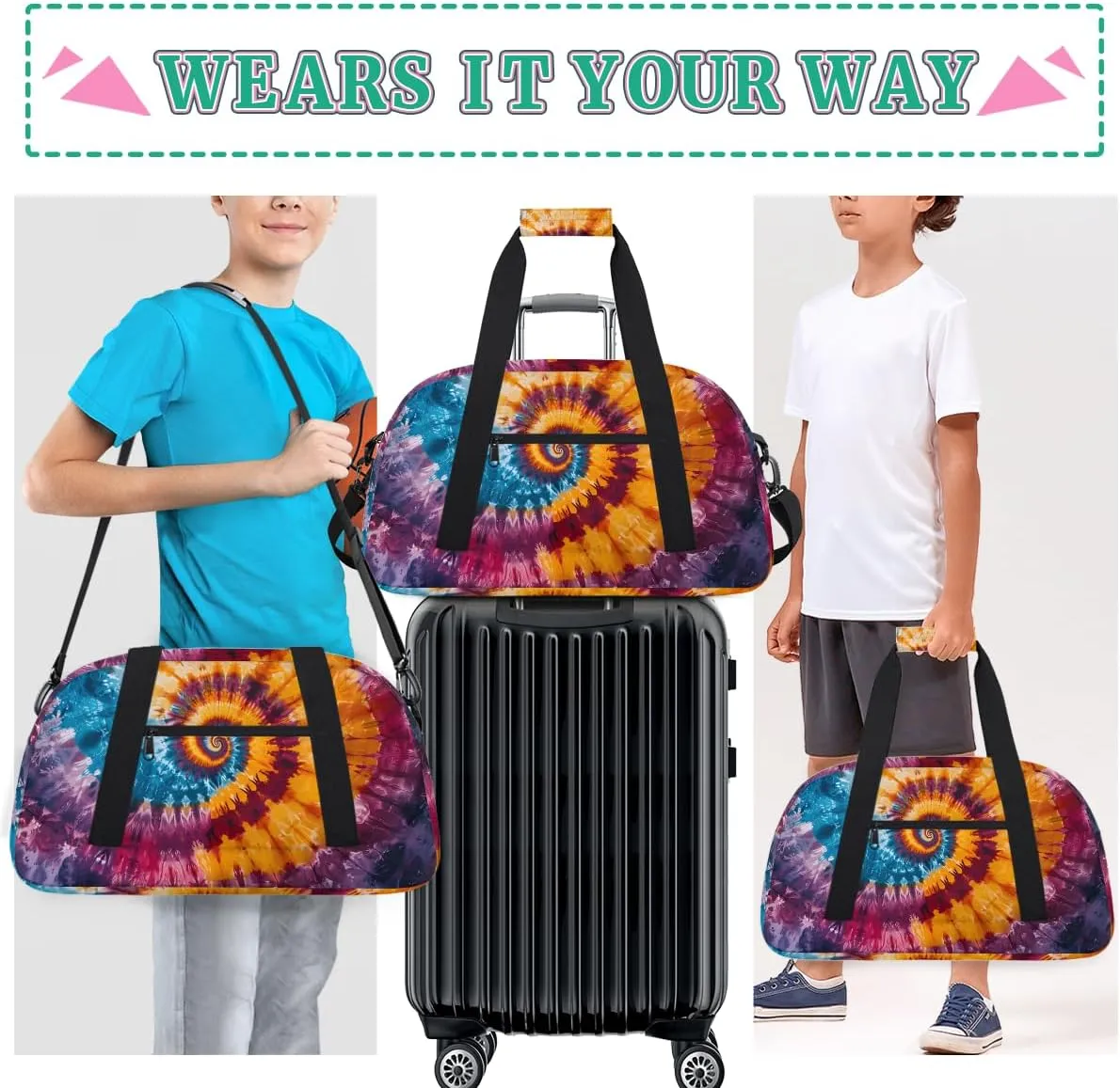 Create A Detailed Tie Dye Kids Overnighter Duffel Bags for Boys, Carry-On Size Sports Gym Bag with Front Zipper Pocket for School Practice or Overnight Travel Weekender Sleepover Tote Bag