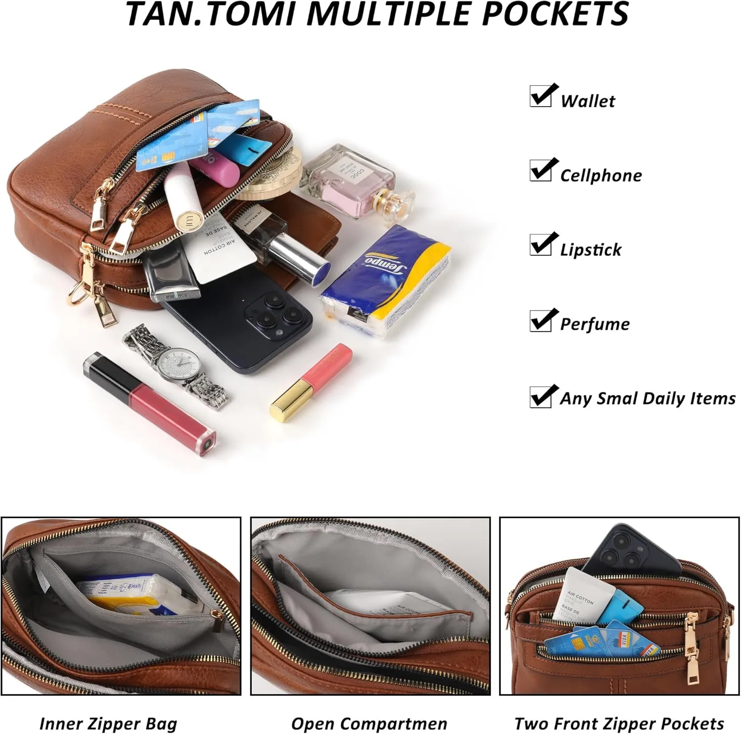 Crossbody Bags for Women, 6-Pockets Purses for Women, Vegan Leather Handbags Shoulder Bag for Travel Shopping