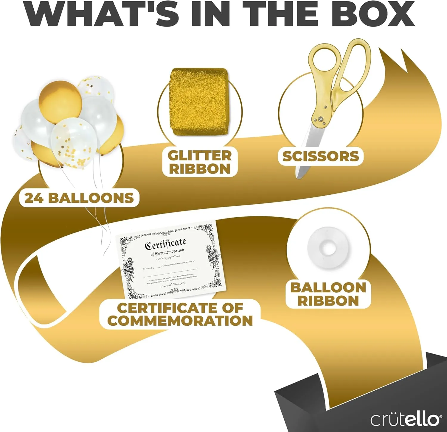 Crutello Ribbon Cutting Ceremony Kit - 21" Giant Scissors with Gold Handle, 30ft Sparkle Giant Gold Ribbon 4" Wide, 24 Balloons & 90ft Balloon Band for Grand Opening Decorations