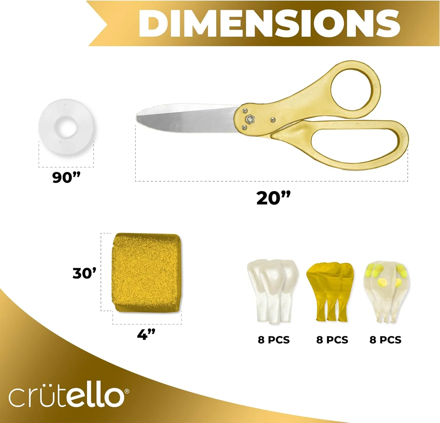 Crutello Ribbon Cutting Ceremony Kit - 21" Giant Scissors with Gold Handle, 30ft Sparkle Giant Gold Ribbon 4" Wide, 24 Balloons & 90ft Balloon Band for Grand Opening Decorations