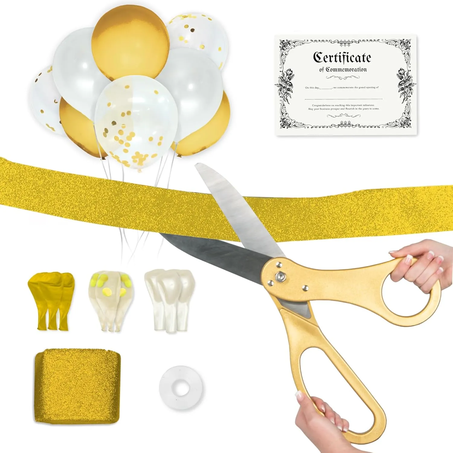 Crutello Ribbon Cutting Ceremony Kit - 21" Giant Scissors with Gold Handle, 30ft Sparkle Giant Gold Ribbon 4" Wide, 24 Balloons & 90ft Balloon Band for Grand Opening Decorations