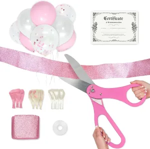 Crutello Ribbon Cutting Ceremony Kit - 21" Giant Scissors with Pink Handle, 30ft Sparkle Giant Pink Ribbon 4" Wide, 24 Balloons & 90ft Balloon Band for Grand Opening Decorations