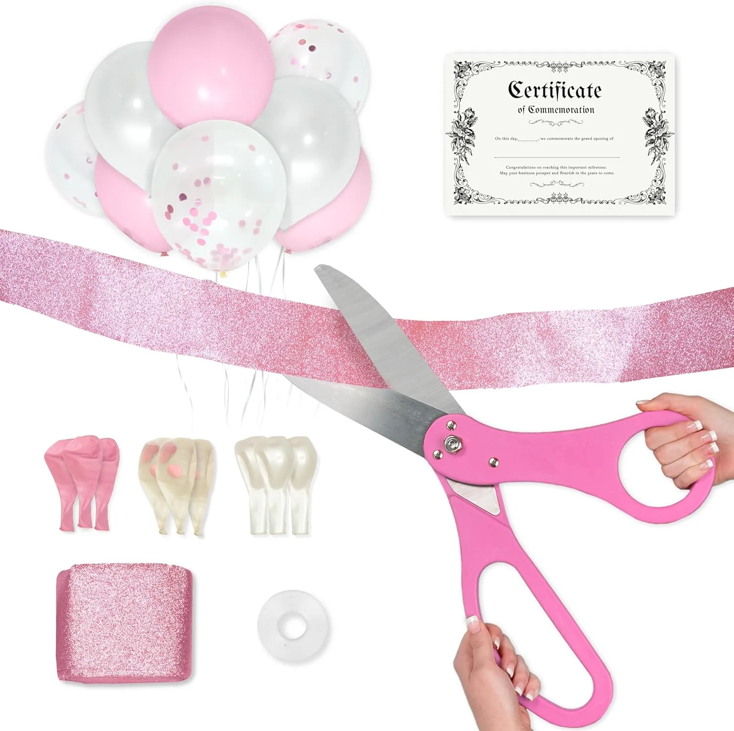 Crutello Ribbon Cutting Ceremony Kit - 21" Giant Scissors with Pink Handle, 30ft Sparkle Giant Pink Ribbon 4" Wide, 24 Balloons & 90ft Balloon Band for Grand Opening Decorations