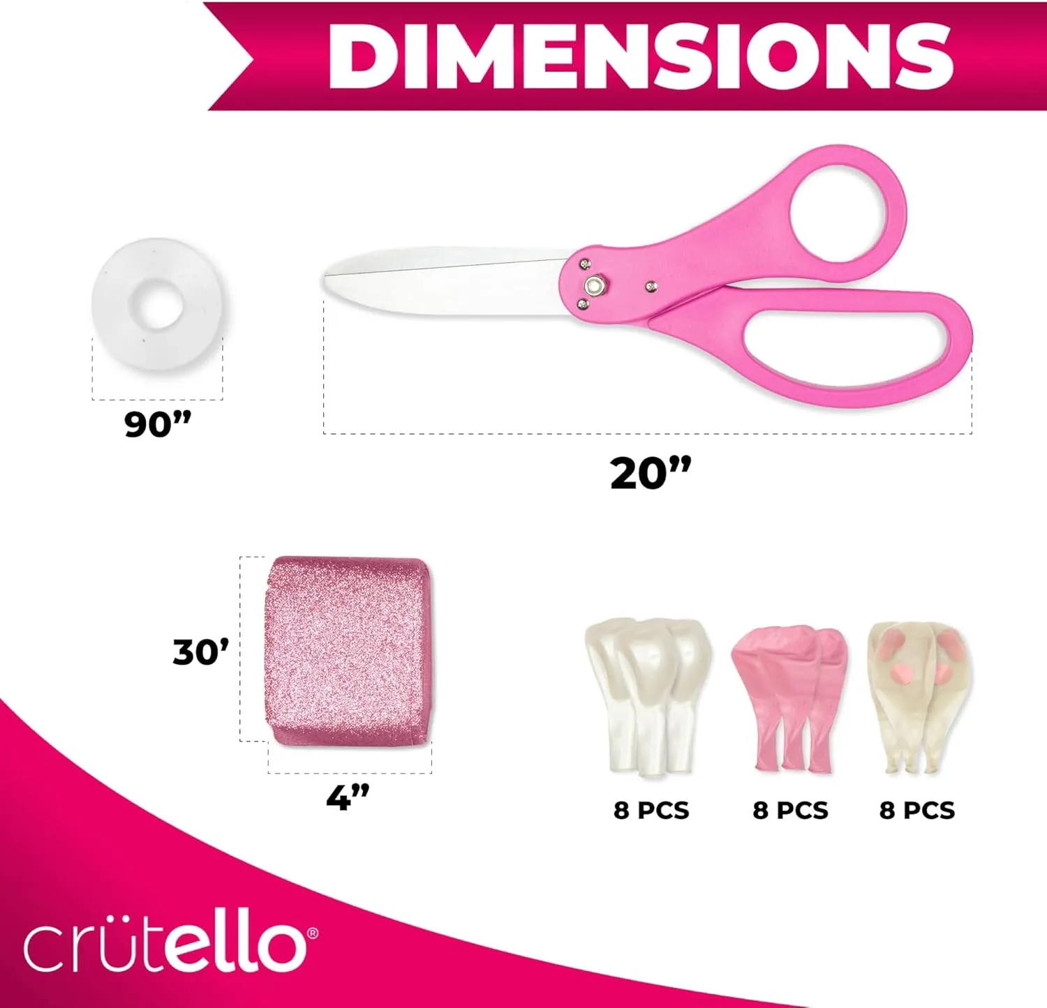 Crutello Ribbon Cutting Ceremony Kit - 21" Giant Scissors with Pink Handle, 30ft Sparkle Giant Pink Ribbon 4" Wide, 24 Balloons & 90ft Balloon Band for Grand Opening Decorations