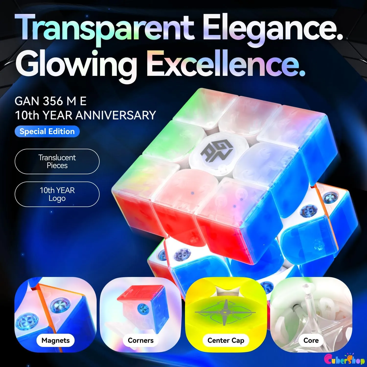CuberShop GAN 356 ME UV (10th Anniversary Special Edition) Magnetic 3x3 Speed Cube, Gans 2024 Transparent Plastic 10 Anniversary, Smooth & Fast 3 by 3 Collectible, GAN 356 M E (Transparent UV Coated)