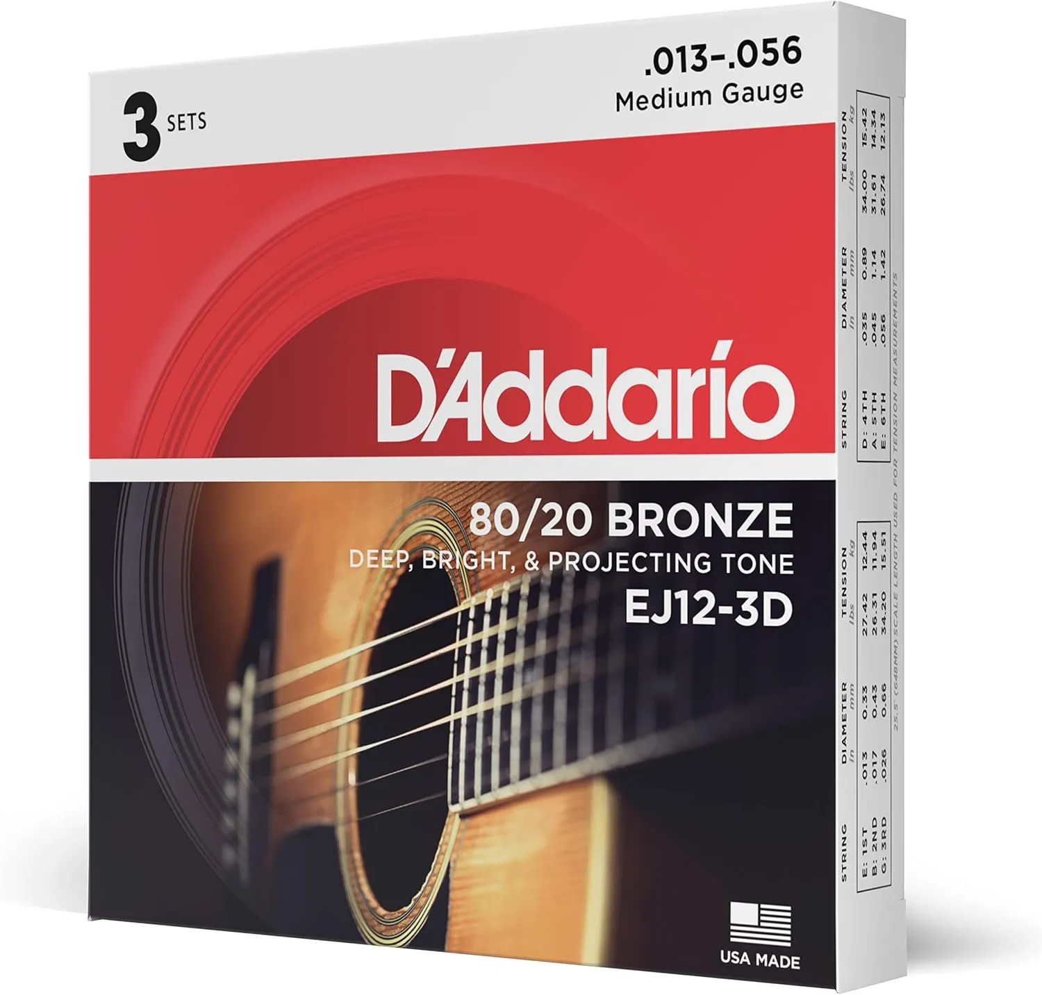 D'Addario Acoustic Guitar Strings - 80/20 Bronze - For 6 String Guitars - Deep, Bright, Projecting Tone - EJ12-3D - Medium, 13-56 - 3-Pack