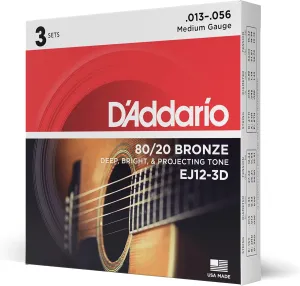 D'Addario Acoustic Guitar Strings - 80/20 Bronze - For 6 String Guitars - Deep, Bright, Projecting Tone - EJ12-3D - Medium, 13-56 - 3-Pack