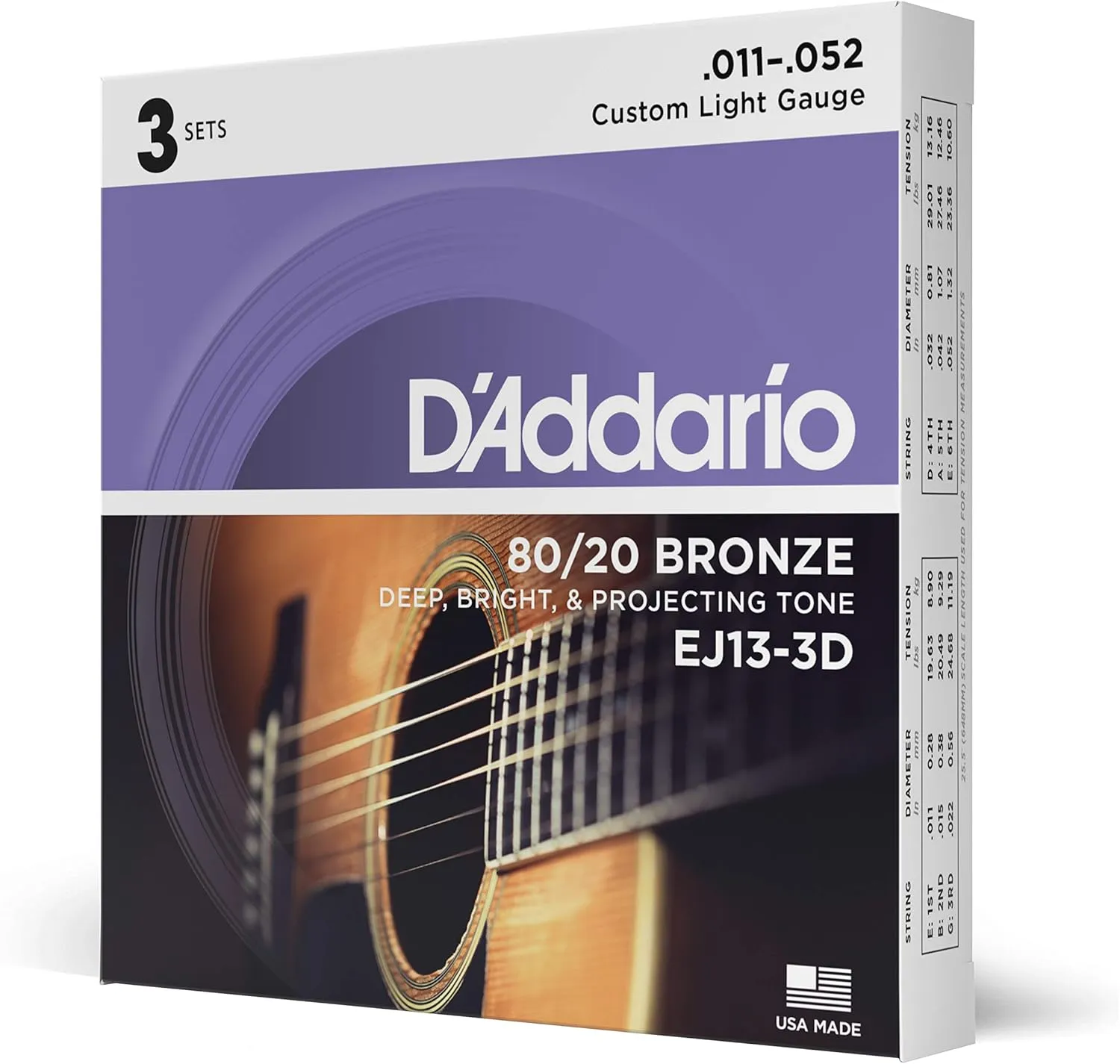 D'Addario Acoustic Guitar Strings - 80/20 Bronze - For 6 String Guitars - Deep, Bright, Projecting Tone - EJ13-3D - Custom Light, 11-52 - 3-Pack